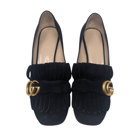 Gucci Marmont Black Suede Fringe GG Block Heel Loafers Size EU 37.5 - Picture 4 of 13